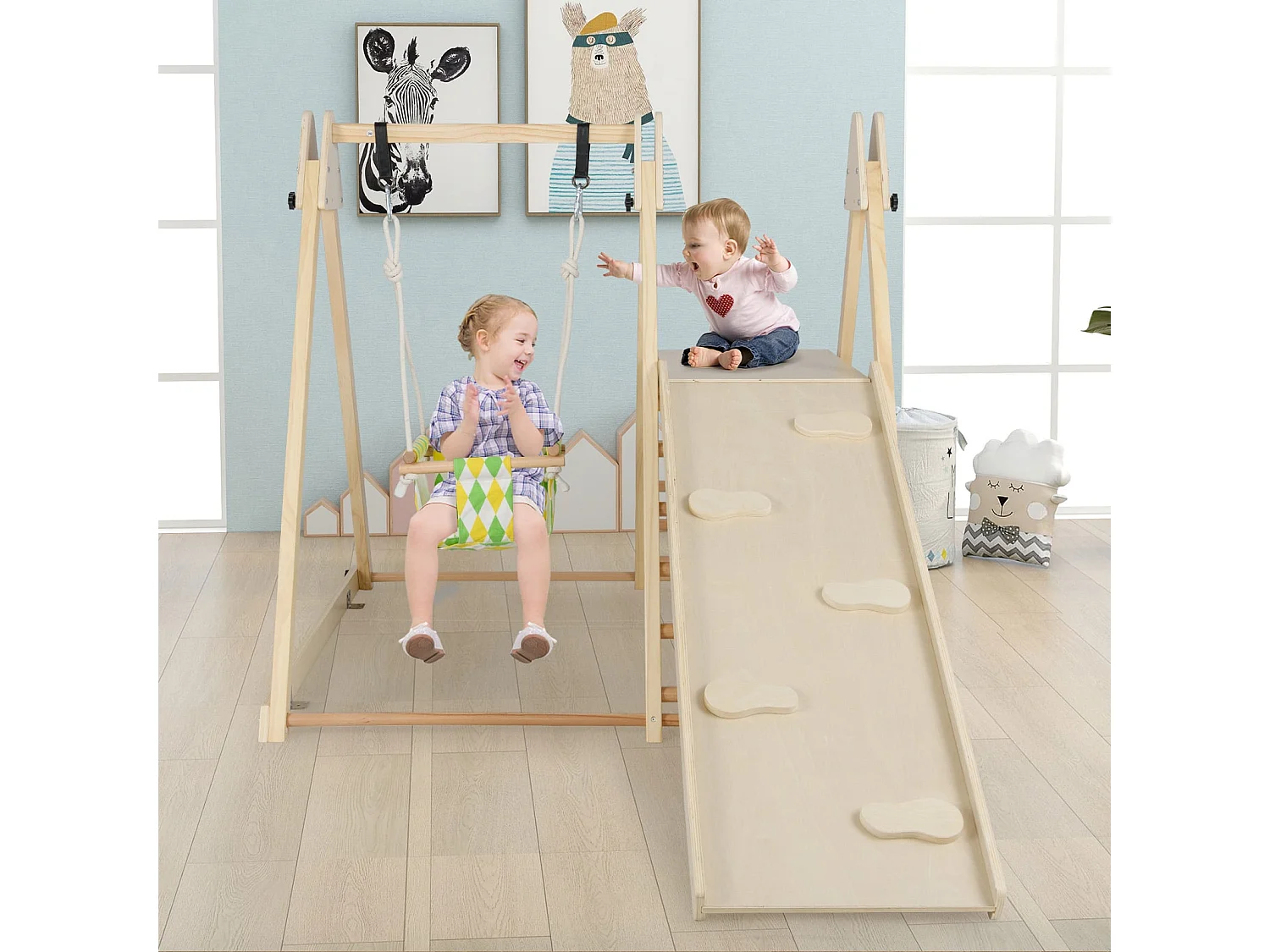 Struttura di arrampicata 4 in 1 con altalena per bambini e piattaforma di riposo, rampa di arrampicata e scaletta Set di arrampicata Montessori natura