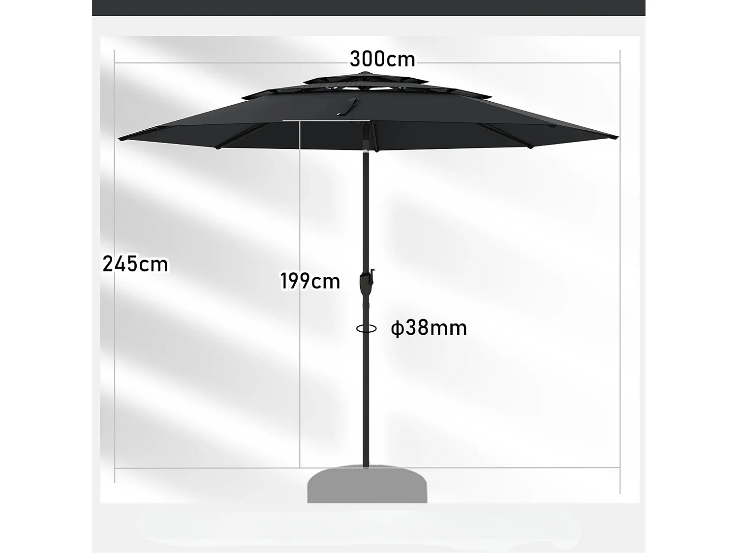 300 cm grande ombrellone ventilato a 3 strati ombrellone da tavolo grande con inclinazione a pulsante nero