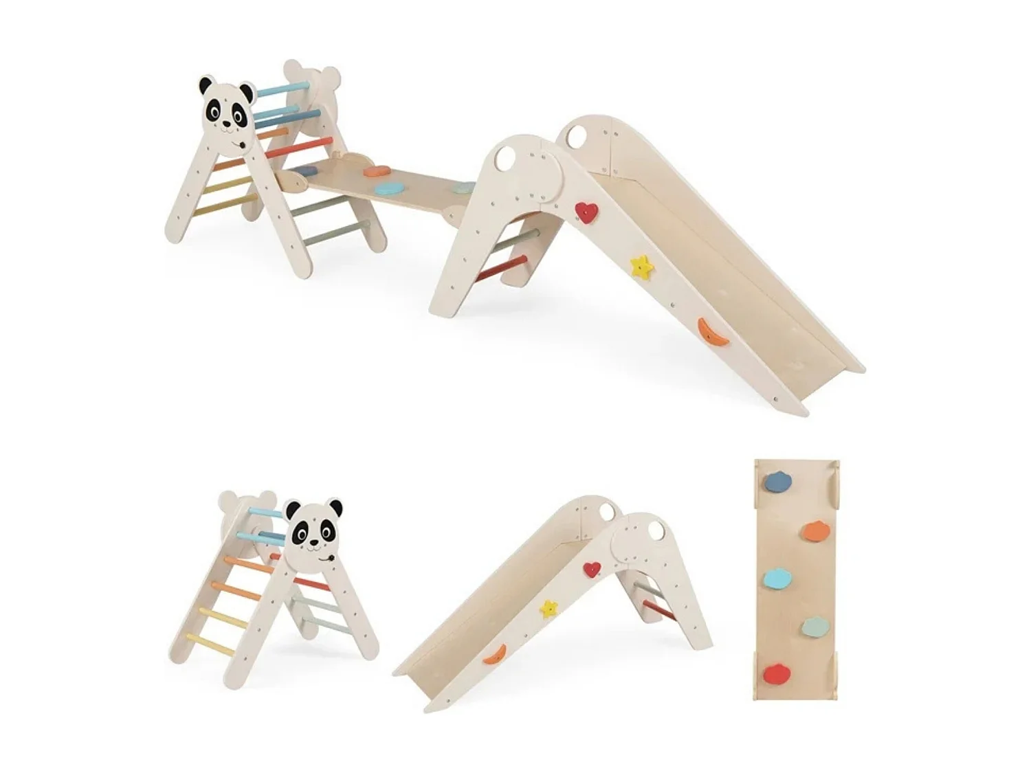 Set di triangoli per arrampicata pieghevole Montessori in legno con motivo a panda Beige