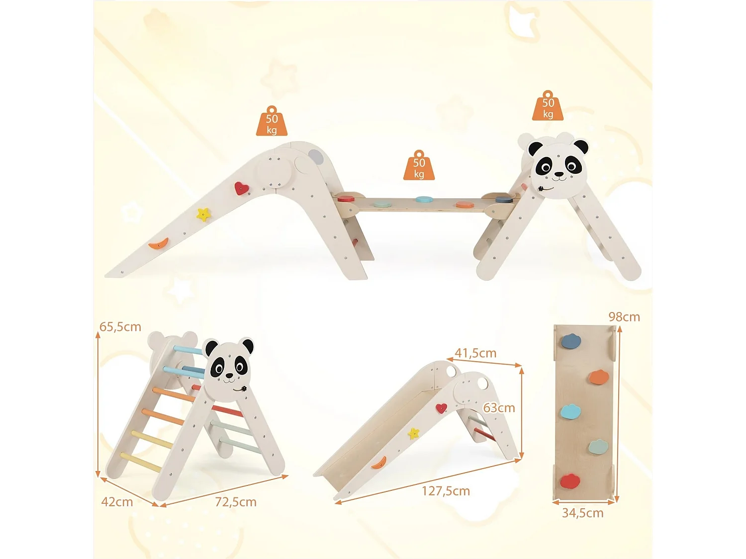 Set di triangoli per arrampicata pieghevole Montessori in legno con motivo a panda Beige