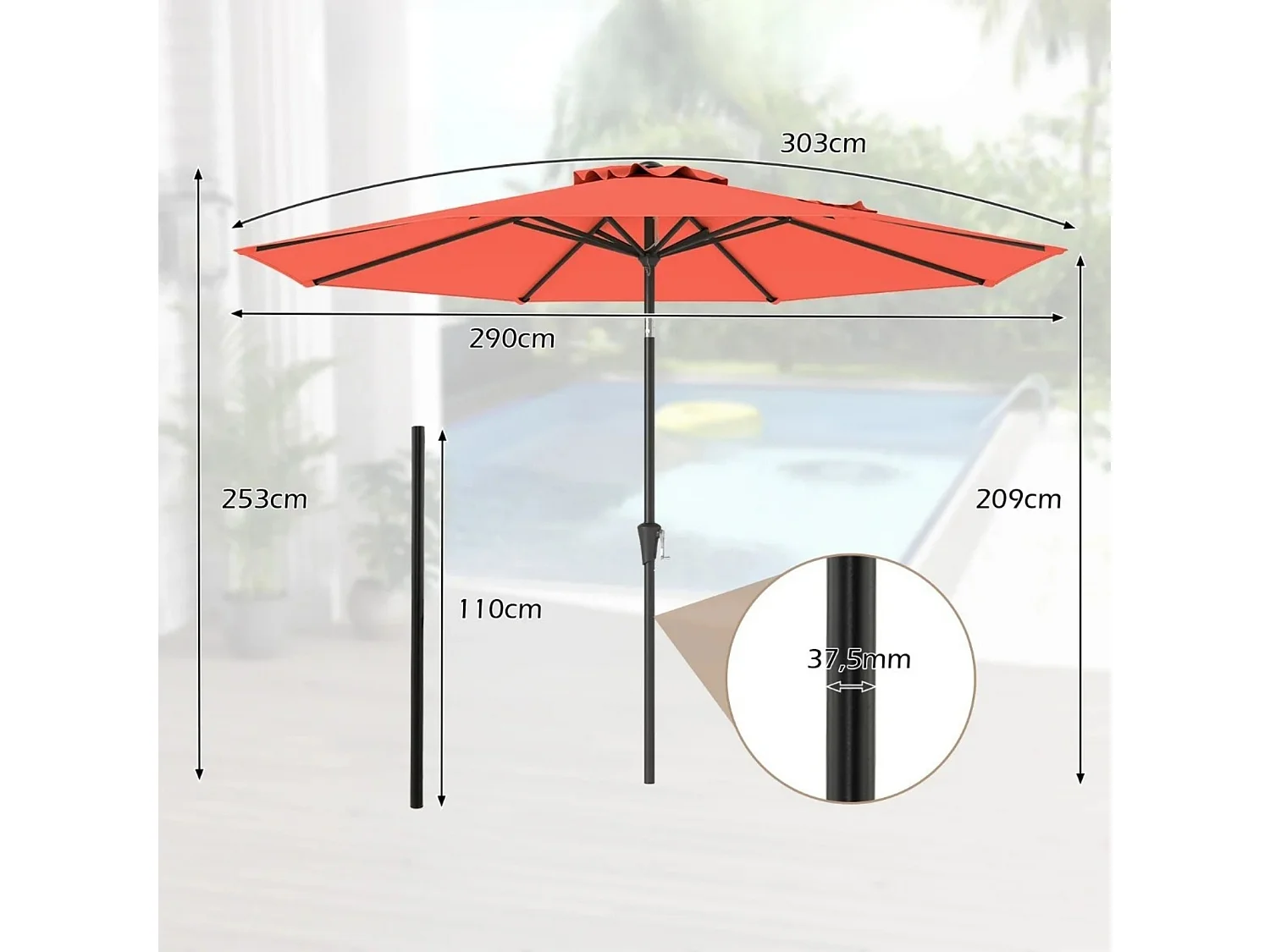 Ø303 cm Terrassenschirm mit Kurbel Beidseitig um 25° Knickbarer Gartenschirm Terrassenschirm Orange