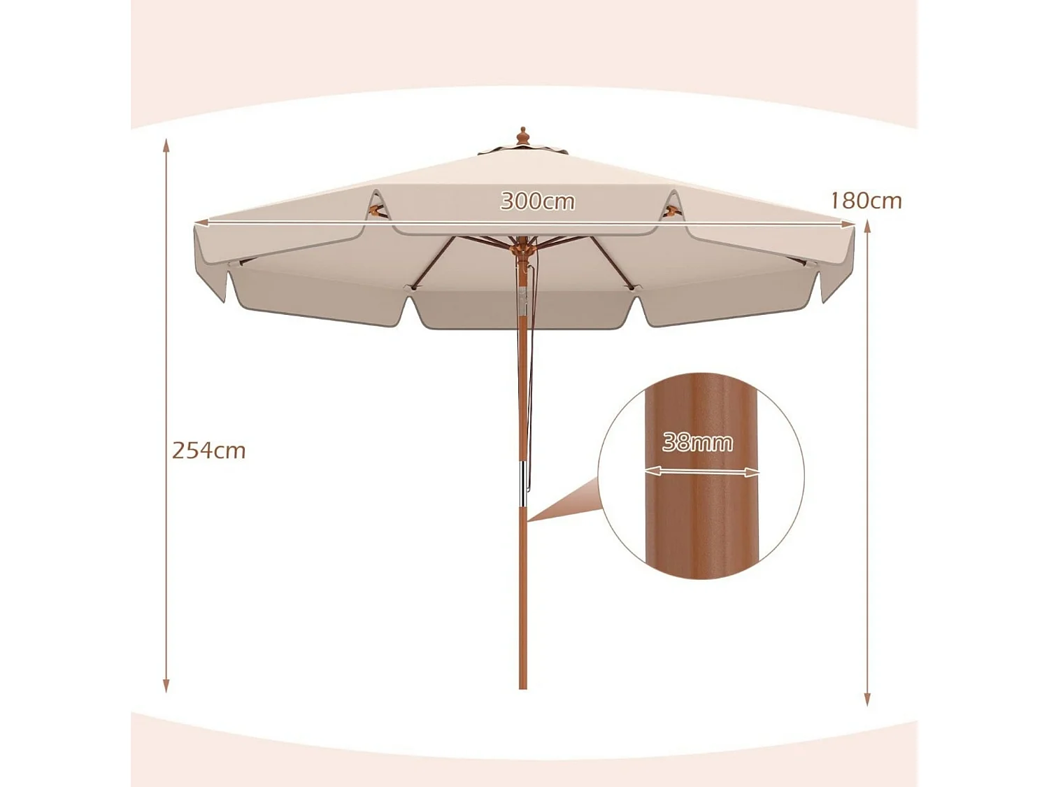 300 cm Ombrellone dentellato Ombrellone da giardino con meccanismo basculante Ombrellone da giardino con palo in legno Beige