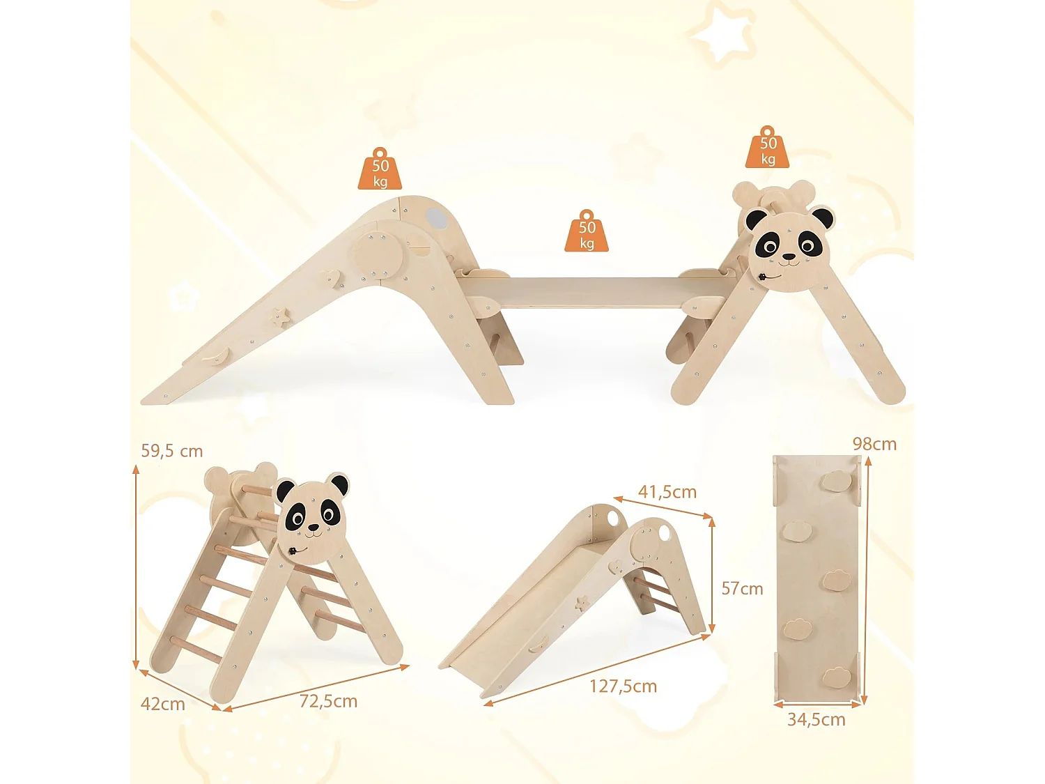 Set di triangoli per arrampicata pieghevole Montessori in legno con motivo panda natura