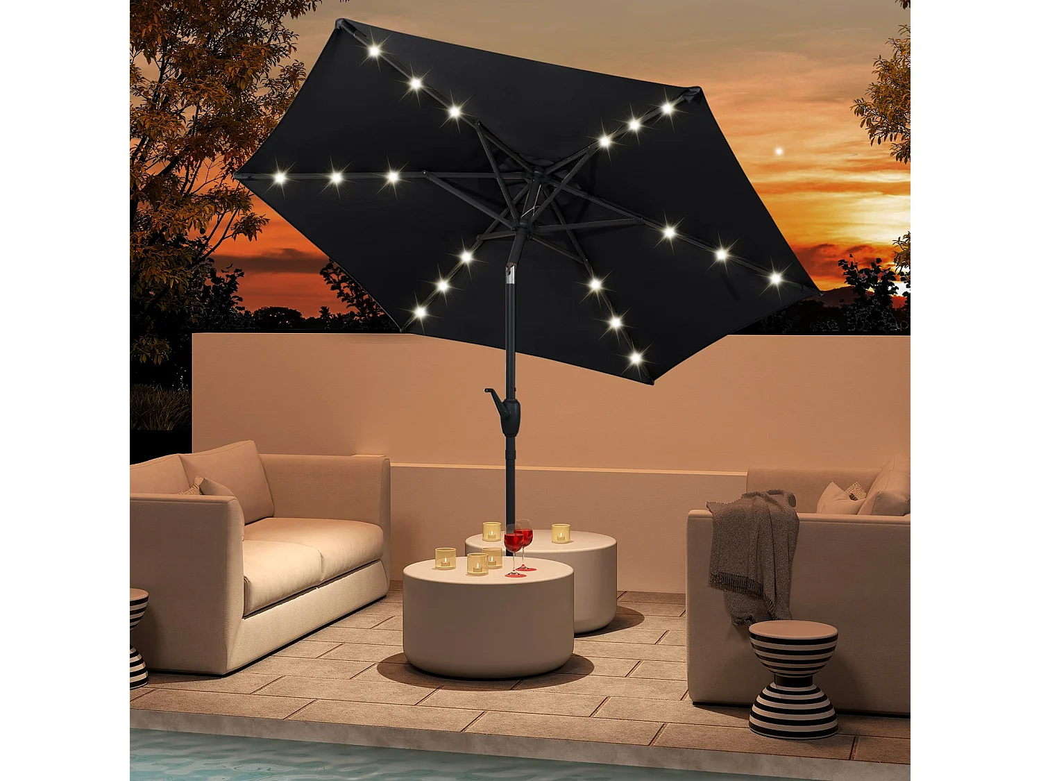 Ombrellone da 230 cm con illuminazione solare a LED e manovella Ombrellone da giardino Ombrellone da mercato Nero