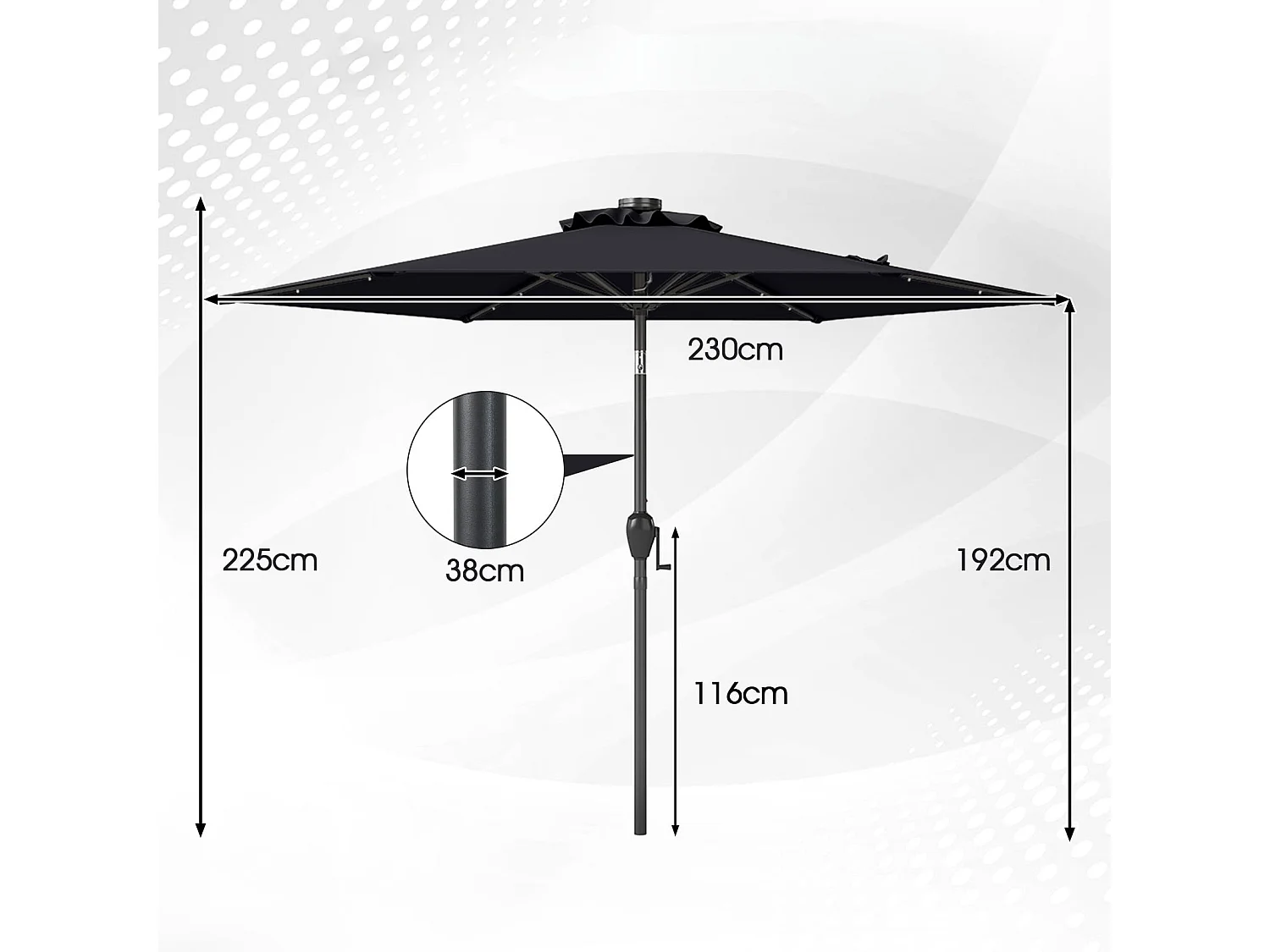 Ombrellone da 230 cm con illuminazione solare a LED e manovella Ombrellone da giardino Ombrellone da mercato Nero