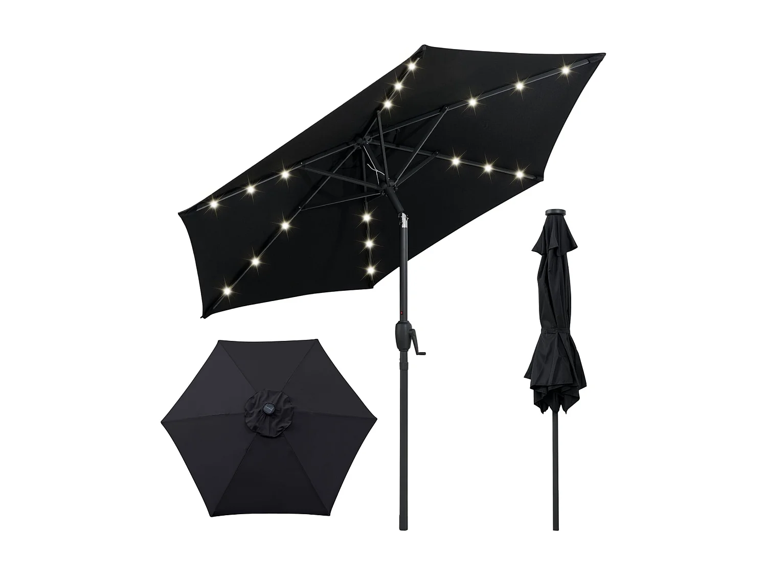 Ombrellone da 230 cm con illuminazione solare a LED e manovella Ombrellone da giardino Ombrellone da mercato Nero