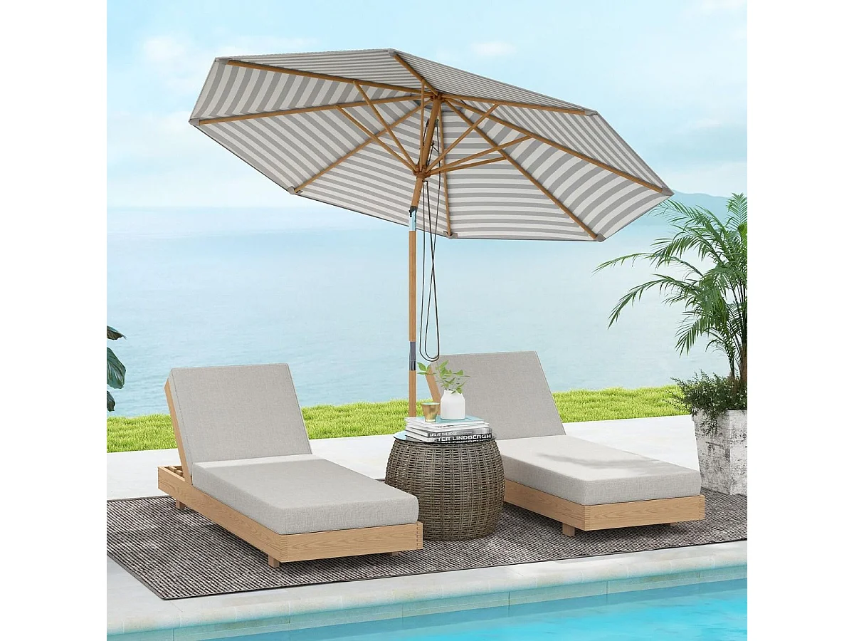 270 cm Sonnenschirm Beidseitig um 30° Knickbar Holz Gartenschirm Balkonschirm Blau + Weiß Gestreift