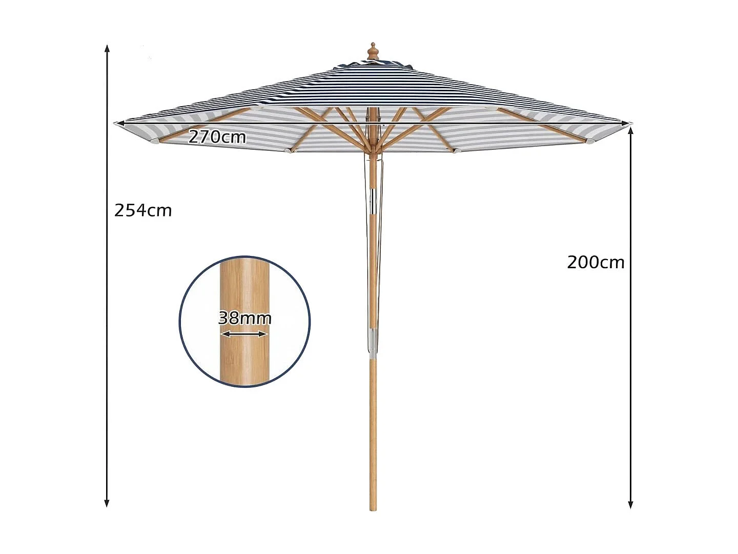 270 cm Sonnenschirm Beidseitig um 30° Knickbar Holz Gartenschirm Balkonschirm Blau + Weiß Gestreift