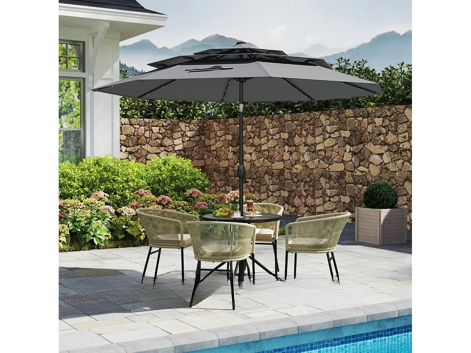 3-stöckiger Sonnenschirm mit Kurbel Beidseitig um 30° Knickbarer Gartenschirm Terrassenschirm Grau