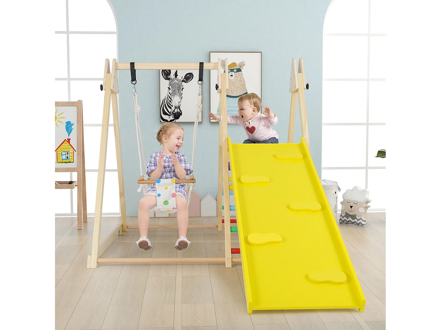 Struttura di arrampicata 4 in 1 con altalena per bambini e piattaforma di riposo, rampa di arrampicata e scaletta Set di arrampicata Montessori Colorato