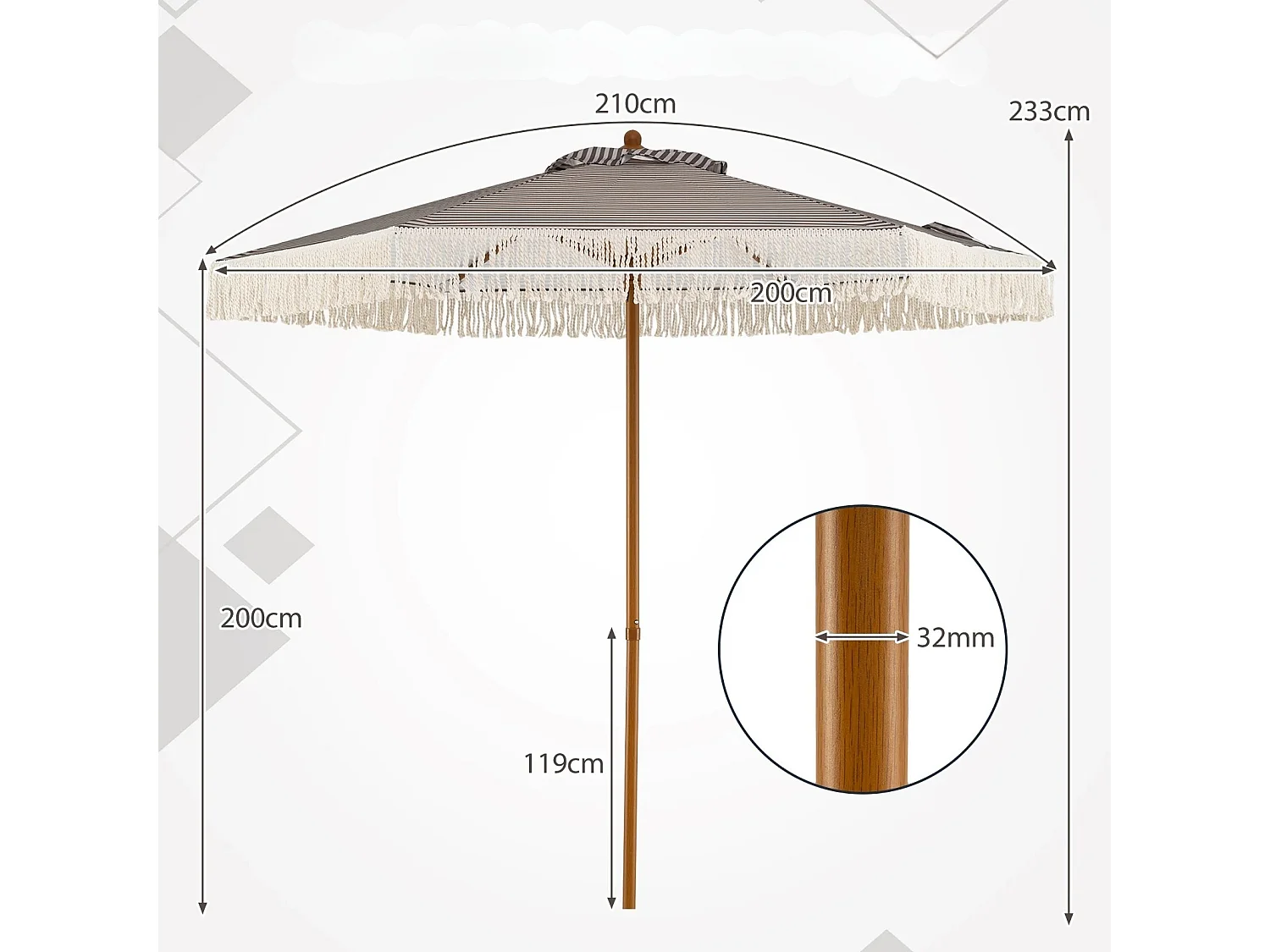 Ombrellone da terrazza 2 m con frange Ombrellone con struttura a 6 costole e palo in metallo robusto Verde