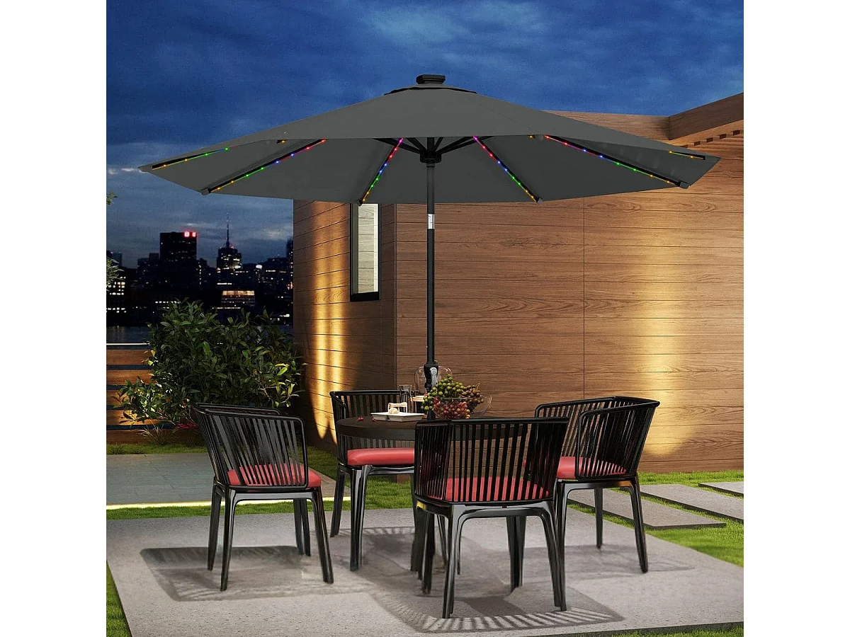Sonnenschirm 300 cm mit LED-Solar-Beleuchtung 9 Beleuchtungsmodi Gartenschirm mit Kurbel Grau