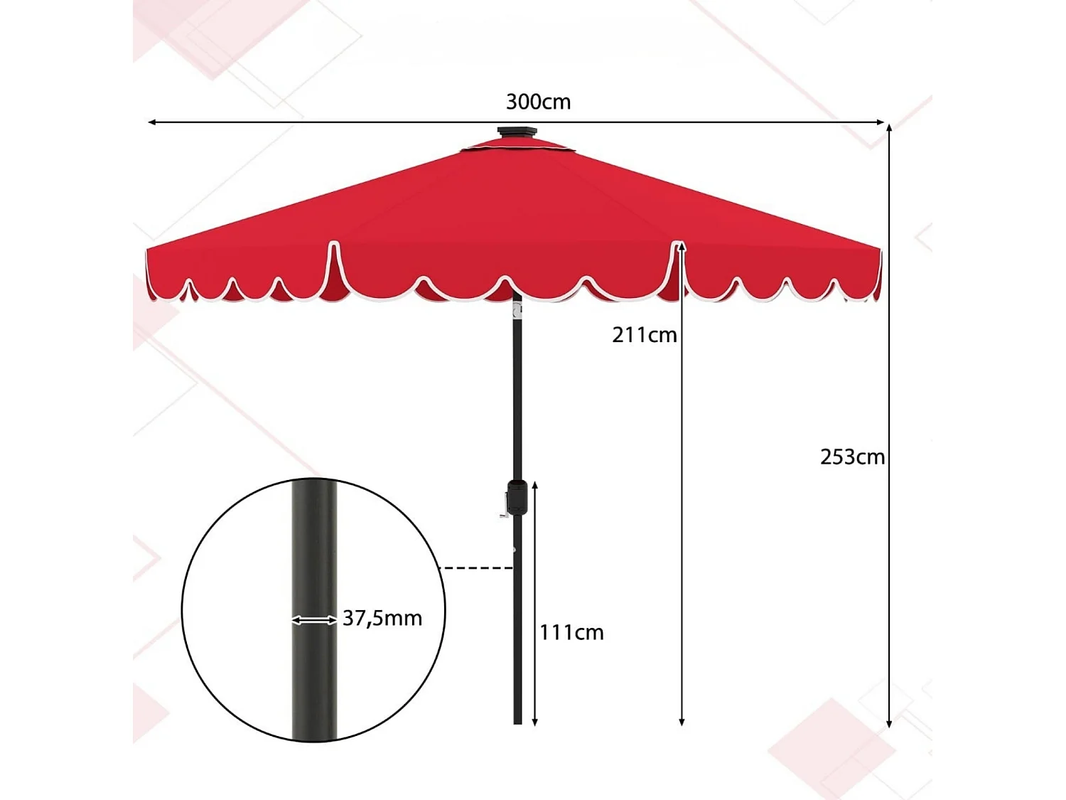 Ombrellone da 300 cm con illuminazione a LED, manovella e mantovana Ombrellone da giardino Ombrellone da mercato rosso