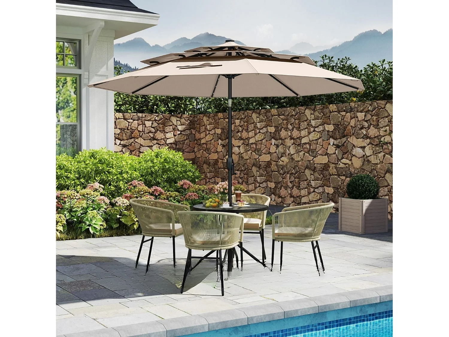 Ombrellone da patio solare 313 cm con tetto ventilato a 3 piani, Tenda parasole per tavolo da giardino Beige