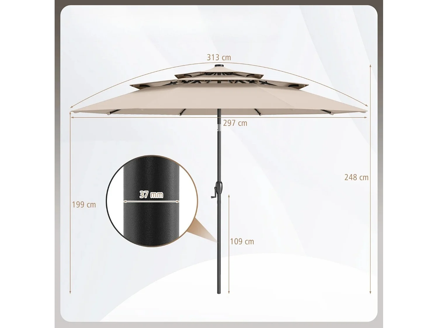 Ombrellone da patio solare 313 cm con tetto ventilato a 3 piani, Tenda parasole per tavolo da giardino Beige
