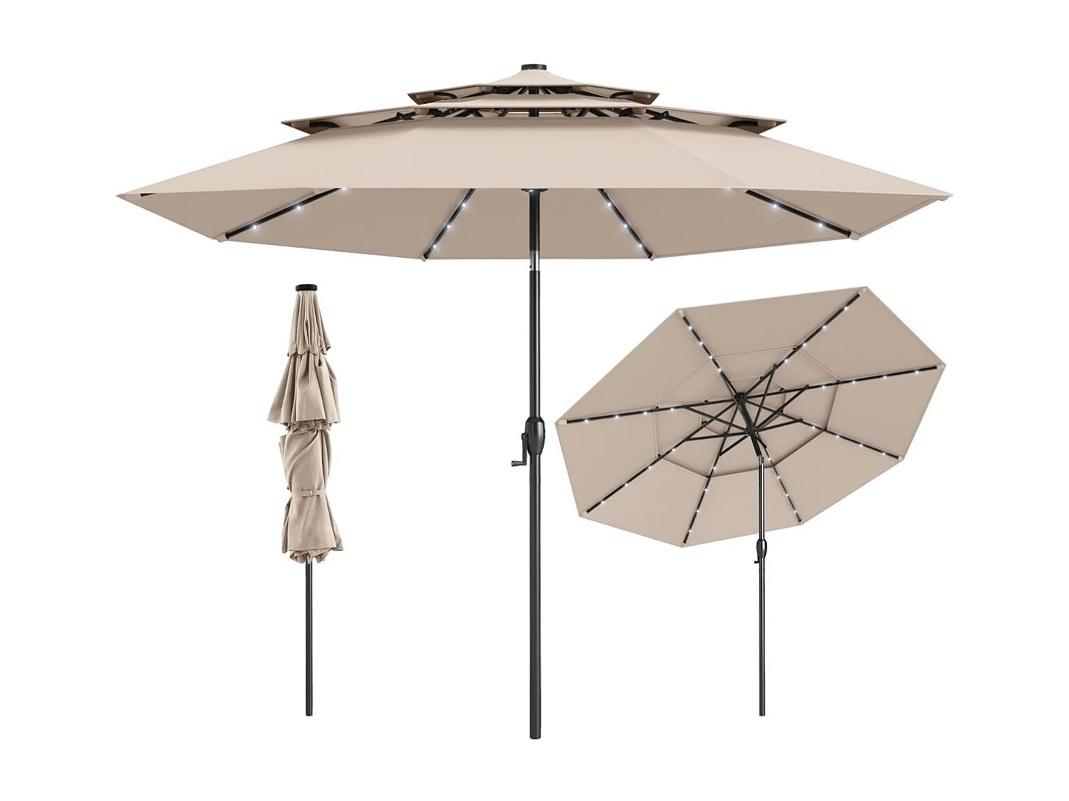 Ombrellone da patio solare 313 cm con tetto ventilato a 3 piani, Tenda parasole per tavolo da giardino Beige