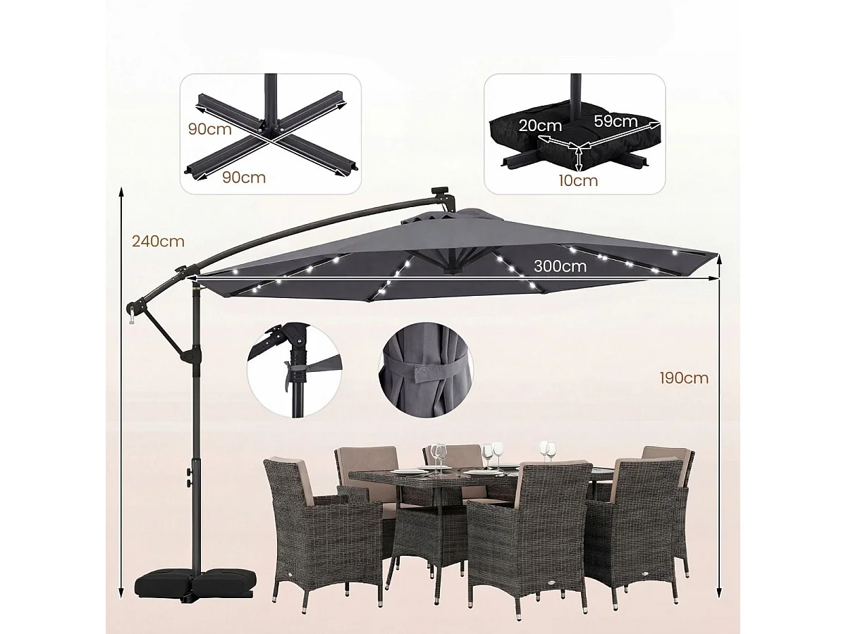 Sonnenschirm mit Ständer & LED-Leuchten & Kurbel 360° Drehbar Ampelschirm Marktschirm Grau