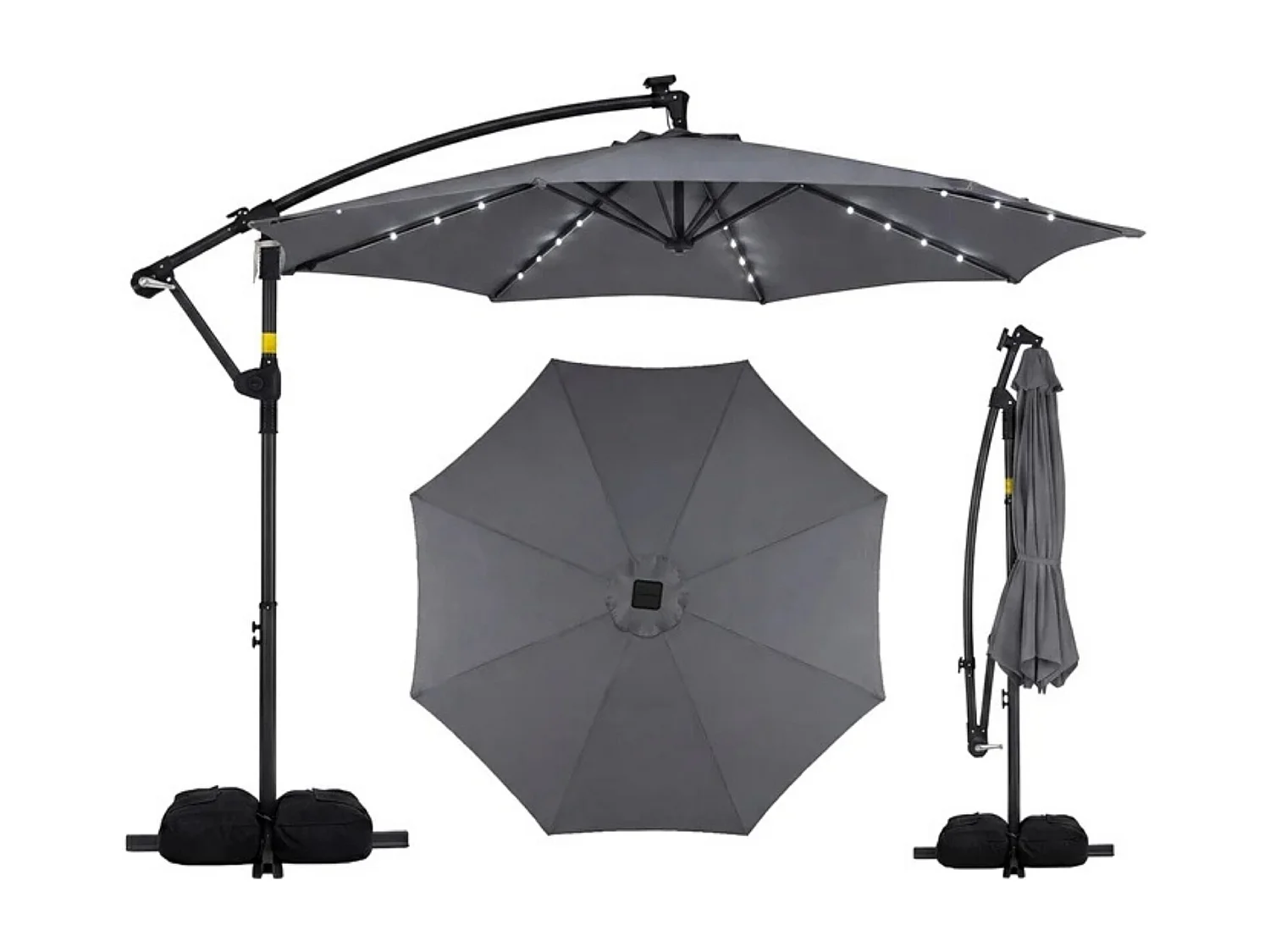 Sonnenschirm mit Ständer & LED-Leuchten & Kurbel 360° Drehbar Ampelschirm Marktschirm Grau