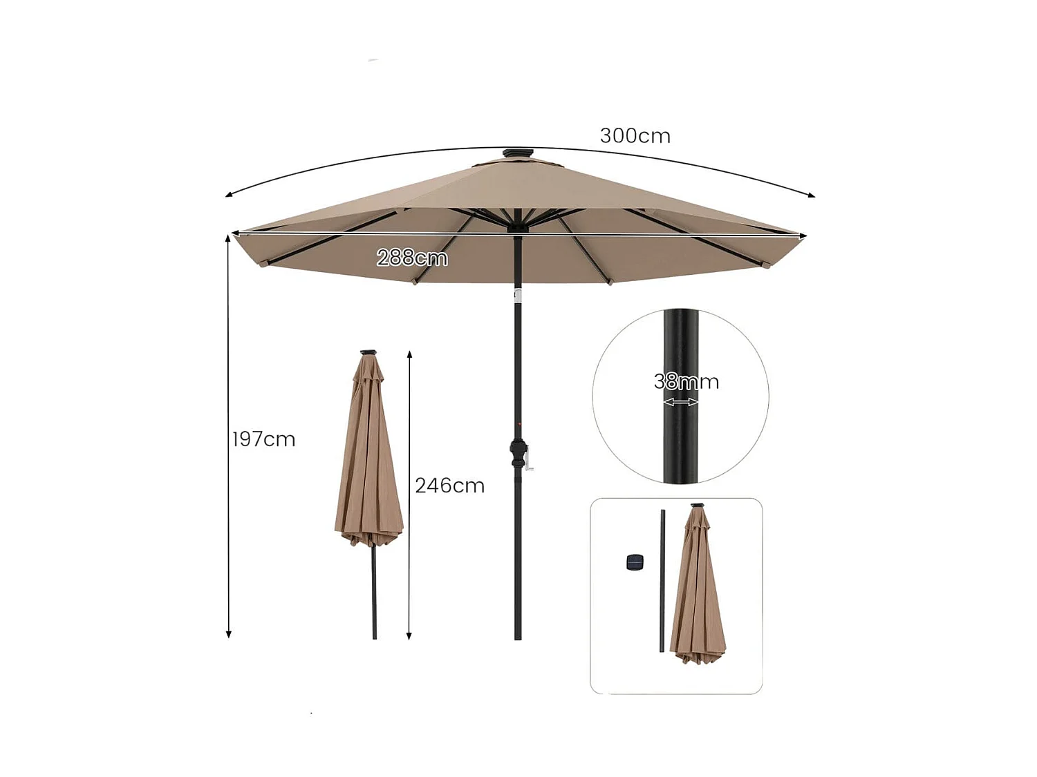 Sonnenschirm 300 cm mit LED-Solar-Beleuchtung 9 Beleuchtungsmodi Gartenschirm mit Kurbel Kaffee