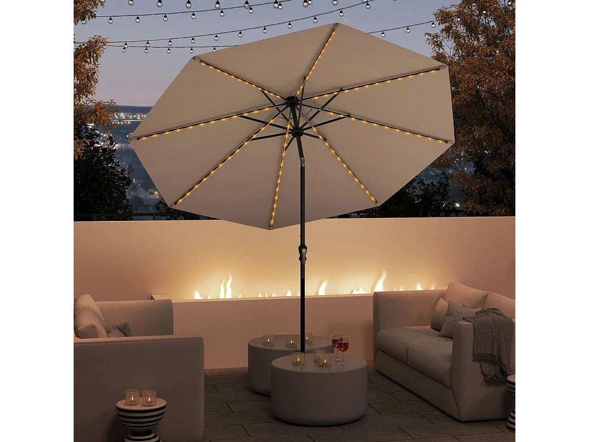 Sonnenschirm 300 cm mit LED-Solar-Beleuchtung 9 Beleuchtungsmodi Gartenschirm mit Kurbel Kaffee