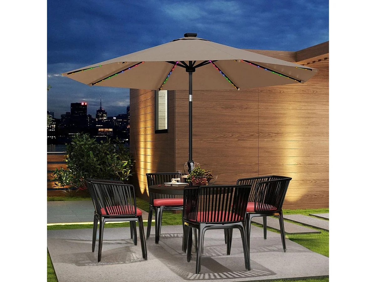 Sonnenschirm 300 cm mit LED-Solar-Beleuchtung 9 Beleuchtungsmodi Gartenschirm mit Kurbel Kaffee