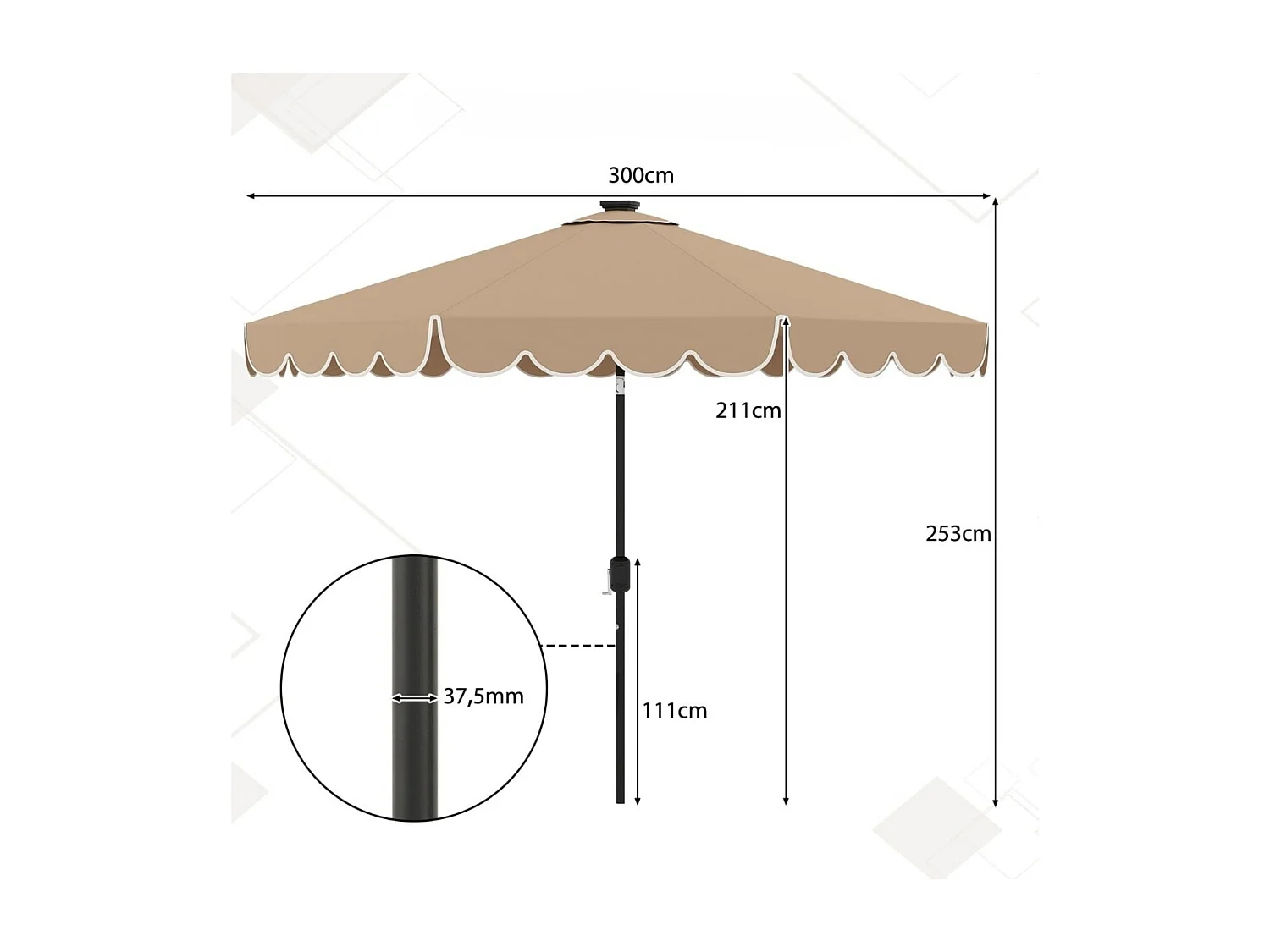 Ombrellone da 300 cm con illuminazione a LED, manovella e mantovana Ombrellone da giardino Ombrellone da mercato Marrone