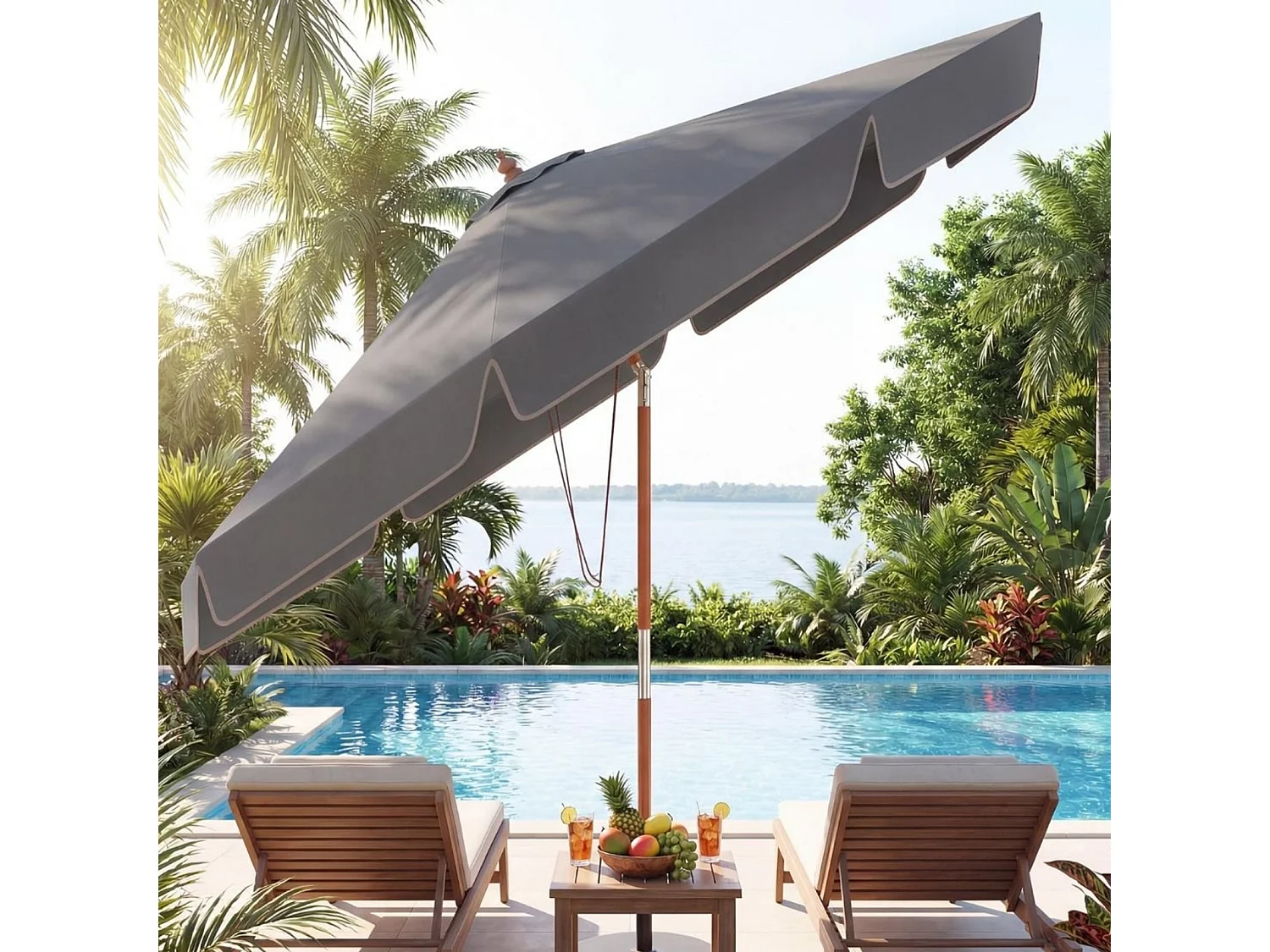 300 cm Parasol dentelé Parasol de marché avec mécanisme d'inclinaison Parasol de jardin avec manche en bois Gris