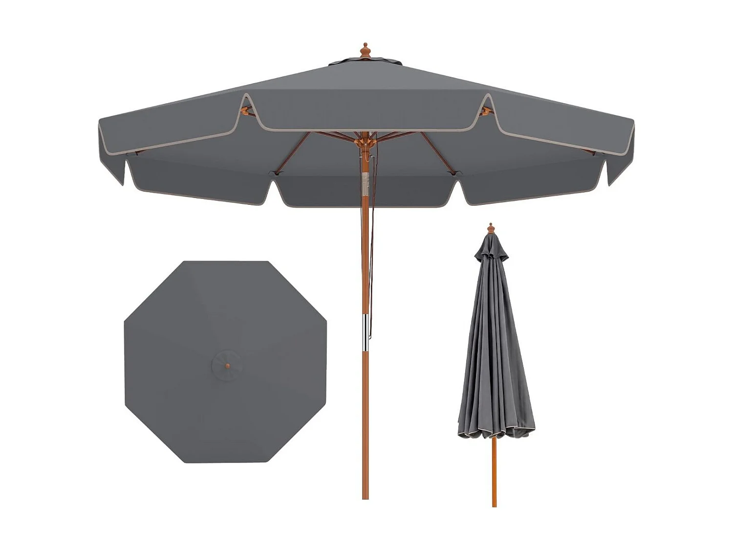 300 cm Parasol dentelé Parasol de marché avec mécanisme d'inclinaison Parasol de jardin avec manche en bois Gris