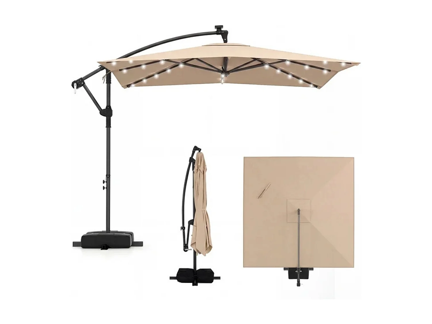 Rechteckiger Sonnenschirm mit Ständer & LED-Leuchten & Kurbel 360° Drehbar Ampelschirm Braun
