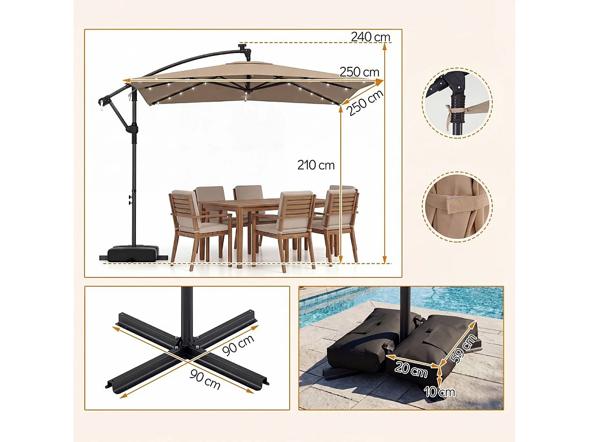 Rechteckiger Sonnenschirm mit Ständer & LED-Leuchten & Kurbel 360° Drehbar Ampelschirm Braun