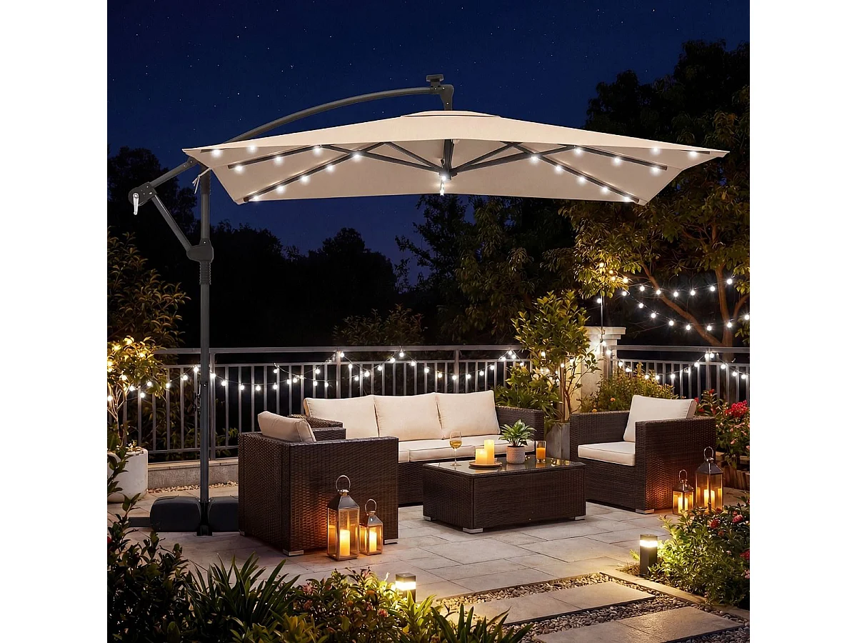 Rechteckiger Sonnenschirm mit Ständer & LED-Leuchten & Kurbel 360° Drehbar Ampelschirm Braun