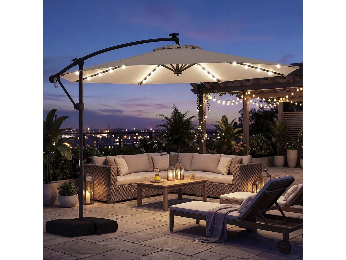 Sonnenschirm mit Ständer & LED-Leuchten & Kurbel 360° Drehbar Ampelschirm Marktschirm Beige