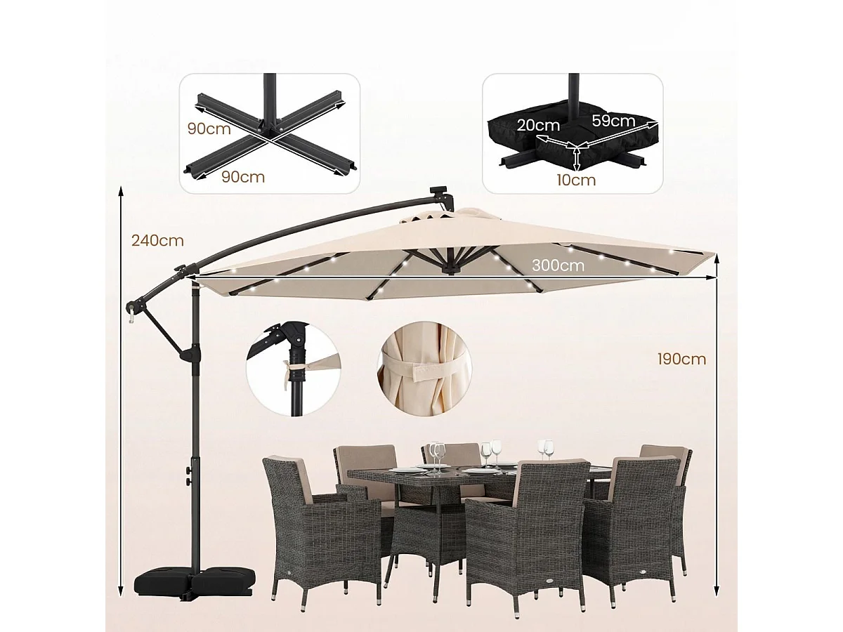 Sonnenschirm mit Ständer & LED-Leuchten & Kurbel 360° Drehbar Ampelschirm Marktschirm Beige