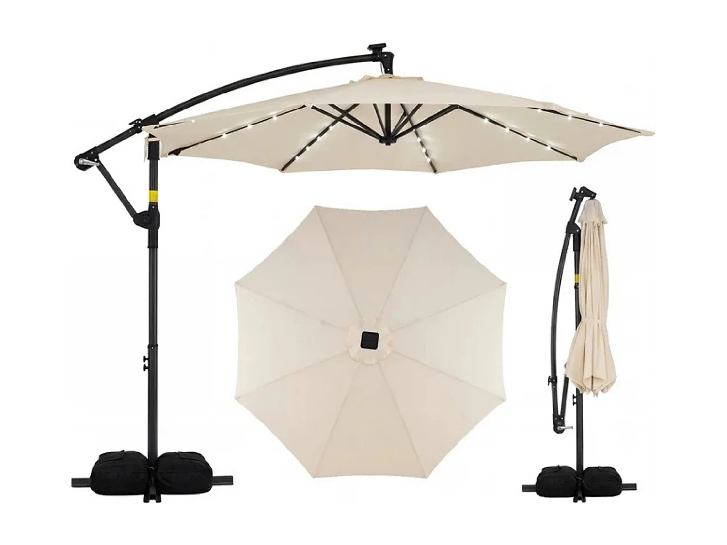 Sonnenschirm mit Ständer & LED-Leuchten & Kurbel 360° Drehbar Ampelschirm Marktschirm Beige