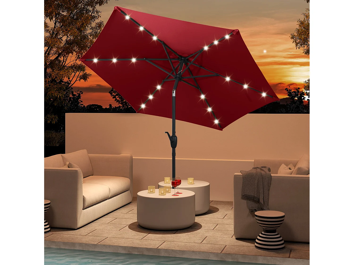 Ombrellone da 230 cm con illuminazione solare a LED e manovella Ombrellone da giardino Ombrellone da mercato Vino