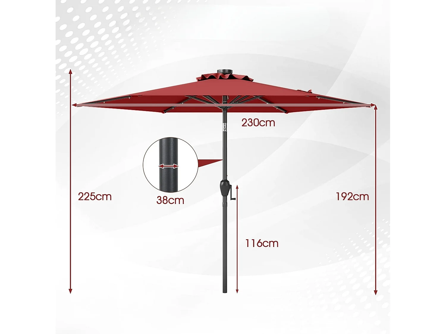 Ombrellone da 230 cm con illuminazione solare a LED e manovella Ombrellone da giardino Ombrellone da mercato Vino