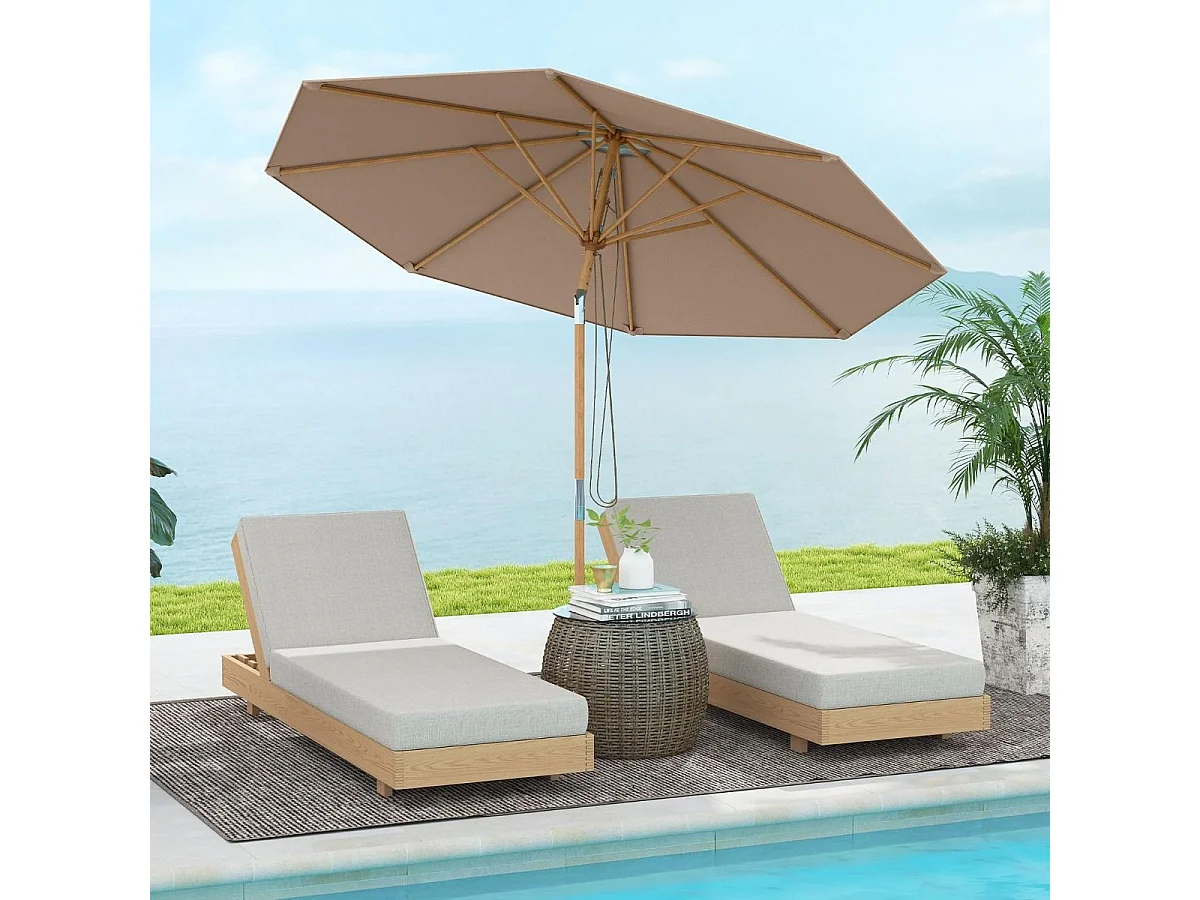 270 cm Sonnenschirm Beidseitig um 30° Knickbar Holz Gartenschirm Balkonschirm Khaki Tan