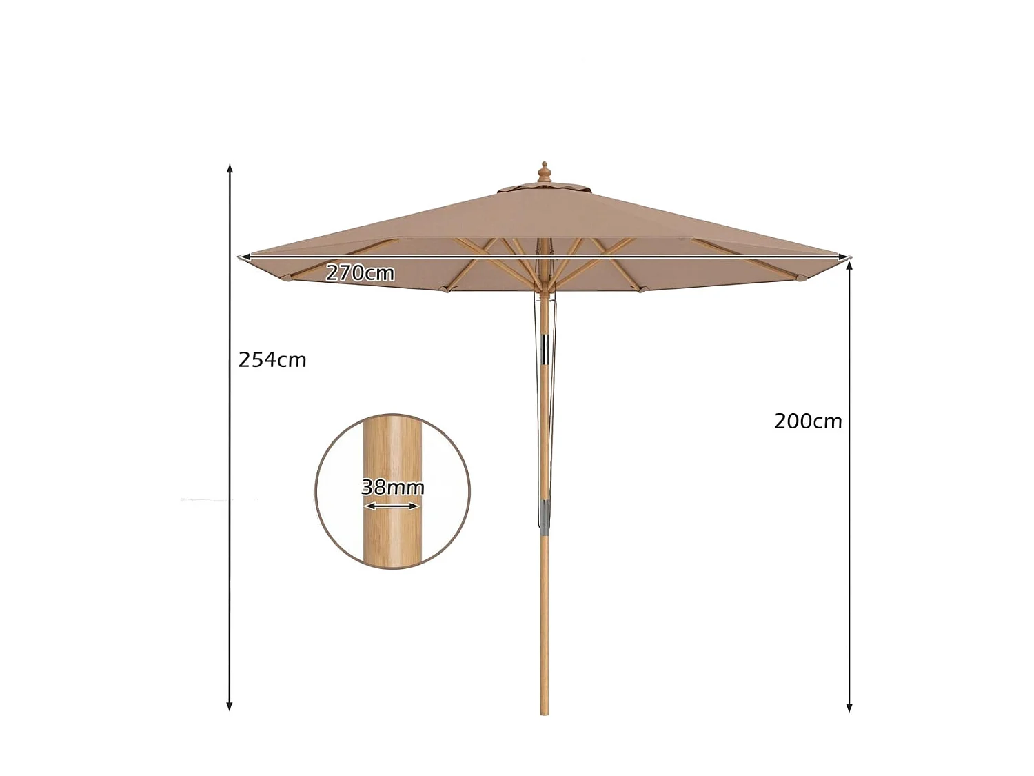 270 cm Sonnenschirm Beidseitig um 30° Knickbar Holz Gartenschirm Balkonschirm Khaki Tan