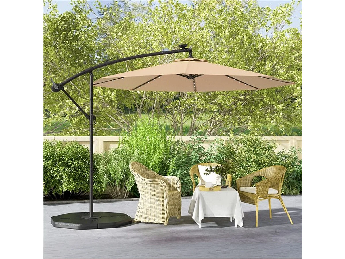300 Cm Hängeschirm 40 Lampenperlen Solar Neigbar Kreuzfuß Kurbel Für Garten Pool Beige