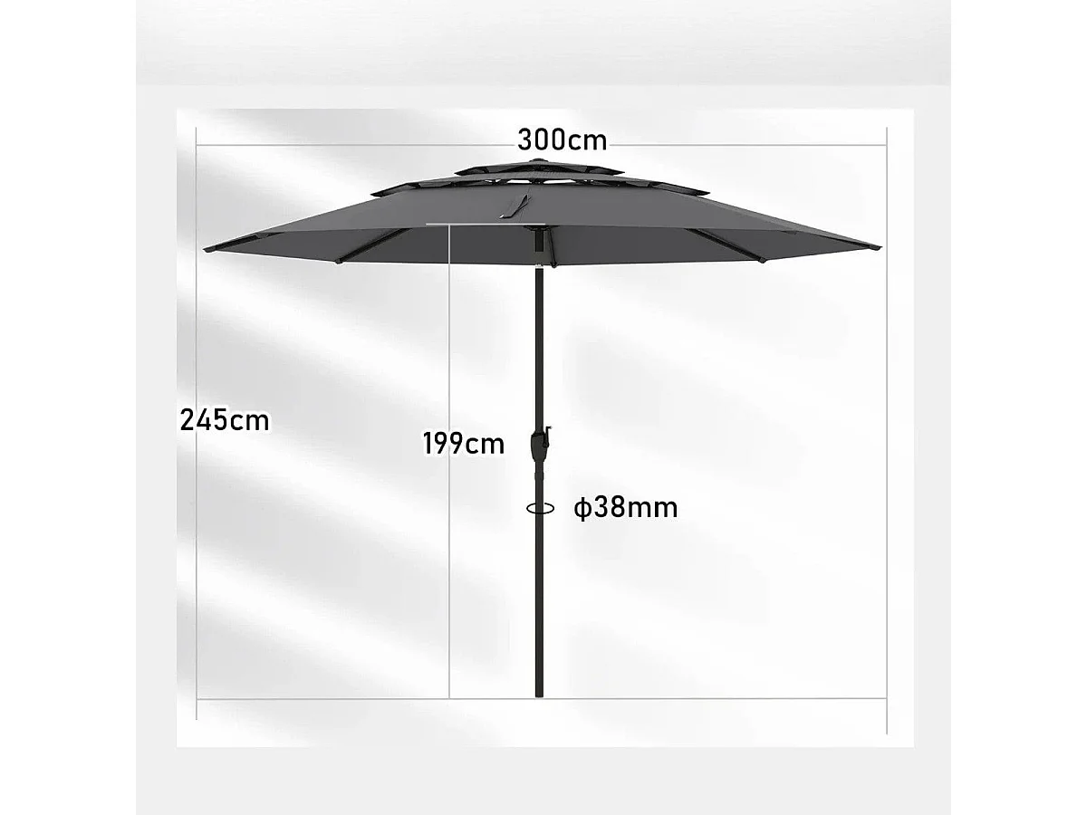 Sonnenschirm windfest stabil 300 cm Gartenschirm mit Kurbel beidseitig um 30° knickbar Grau