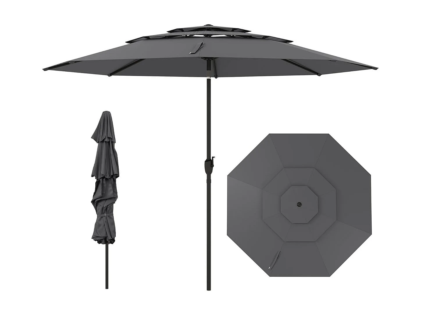 Sonnenschirm windfest stabil 300 cm Gartenschirm mit Kurbel beidseitig um 30° knickbar Grau