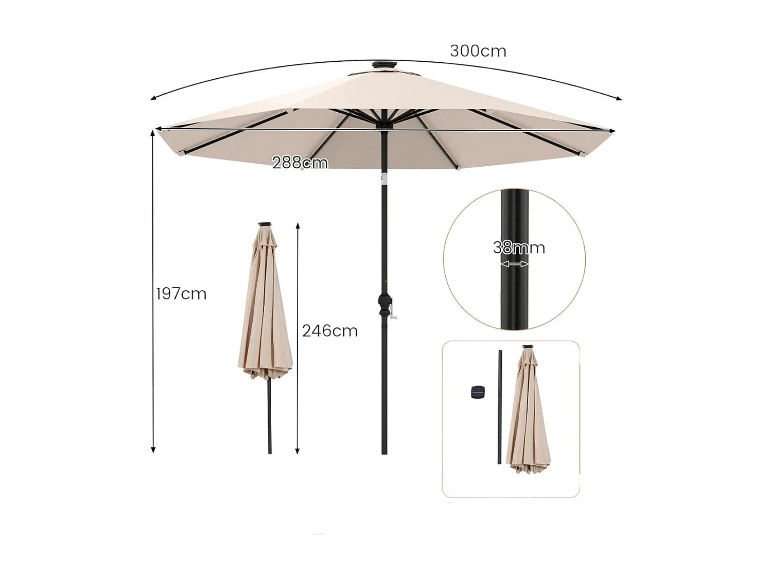 Sonnenschirm 300 cm mit LED-Solar-Beleuchtung 9 Beleuchtungsmodi Gartenschirm mit Kurbel Beige