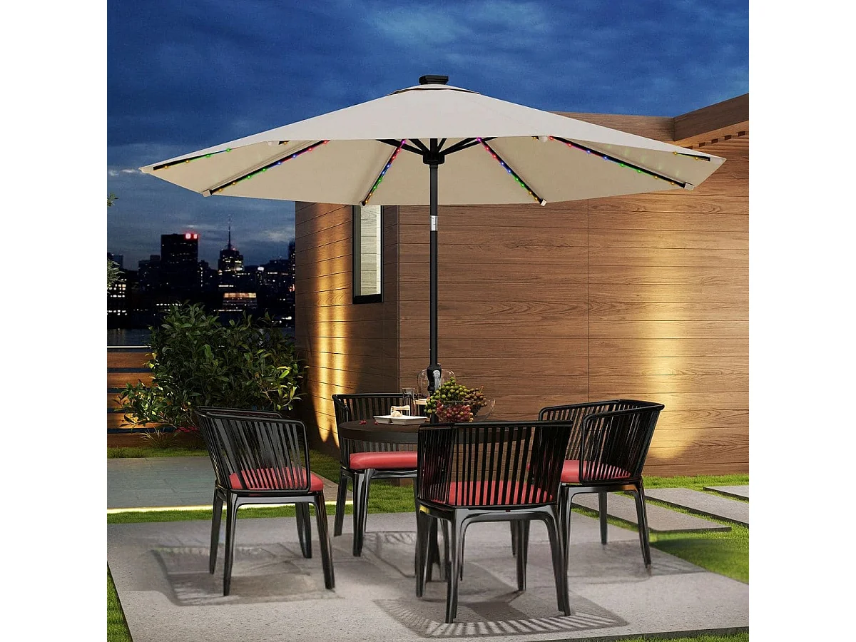 Sonnenschirm 300 cm mit LED-Solar-Beleuchtung 9 Beleuchtungsmodi Gartenschirm mit Kurbel Beige