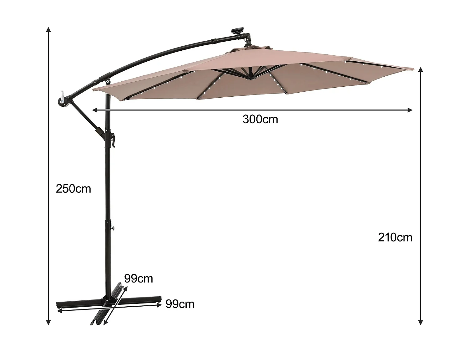 300 Cm Hängeschirm 40 Lampenperlen Solar Neigbar Kreuzfuß Kurbel Für Garten Pool Hellbraun