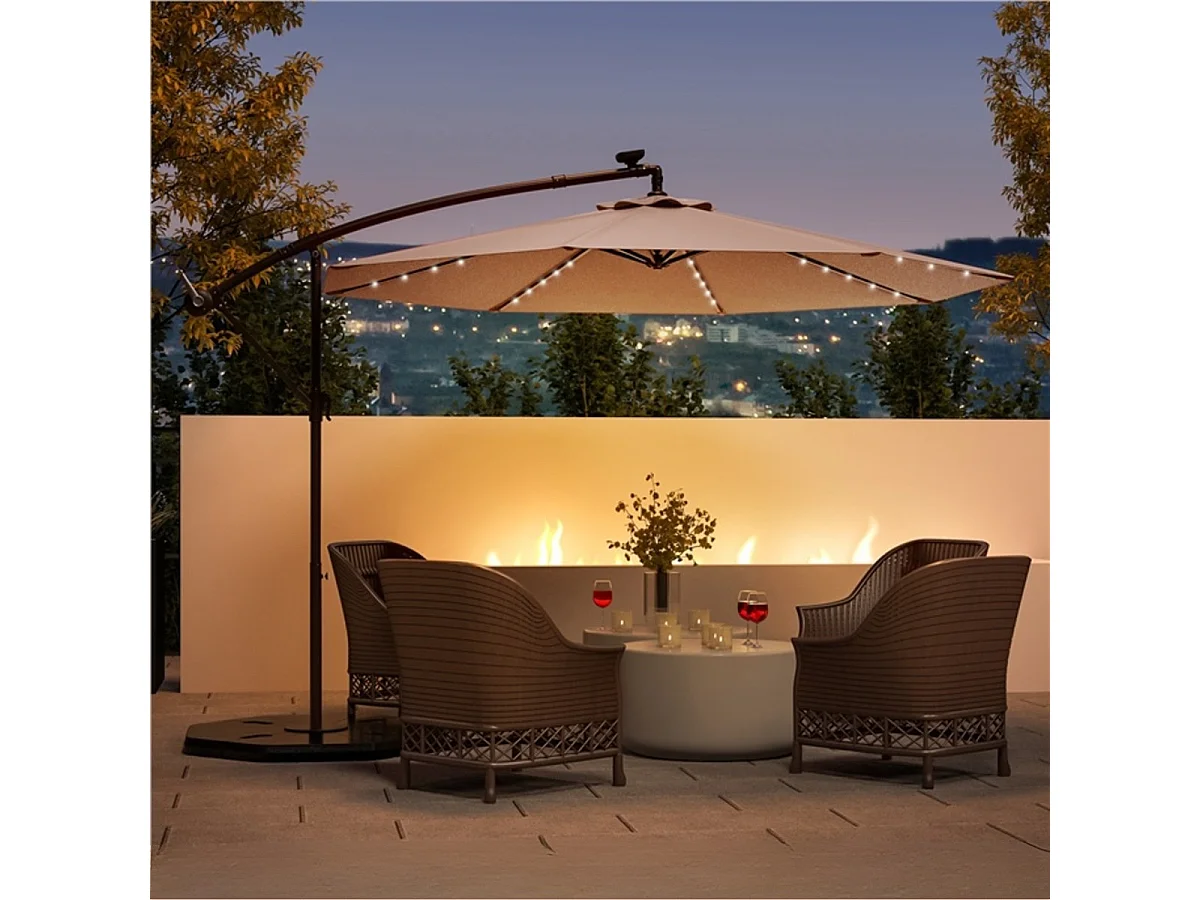 300 Cm Hängeschirm 40 Lampenperlen Solar Neigbar Kreuzfuß Kurbel Für Garten Pool Hellbraun