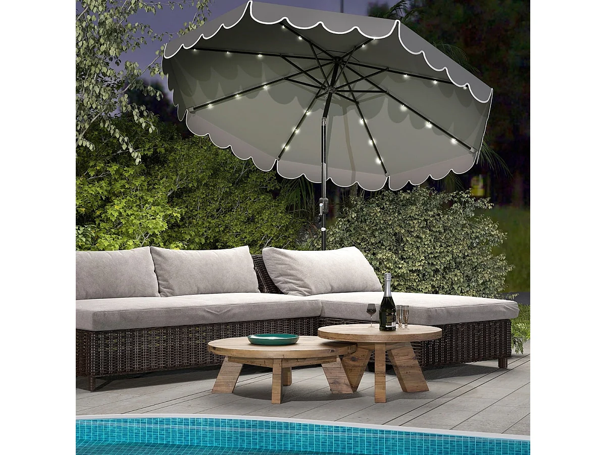 300 cm Parasol avec éclairage LED & manivelle & volant Parasol de jardin Parasol de marché Gris