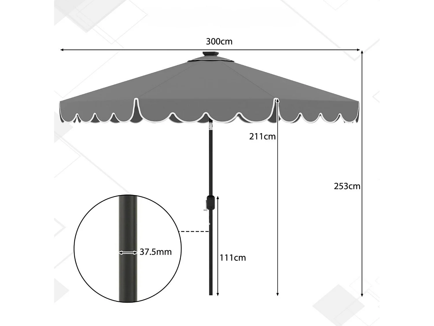 300 cm Parasol avec éclairage LED & manivelle & volant Parasol de jardin Parasol de marché Gris