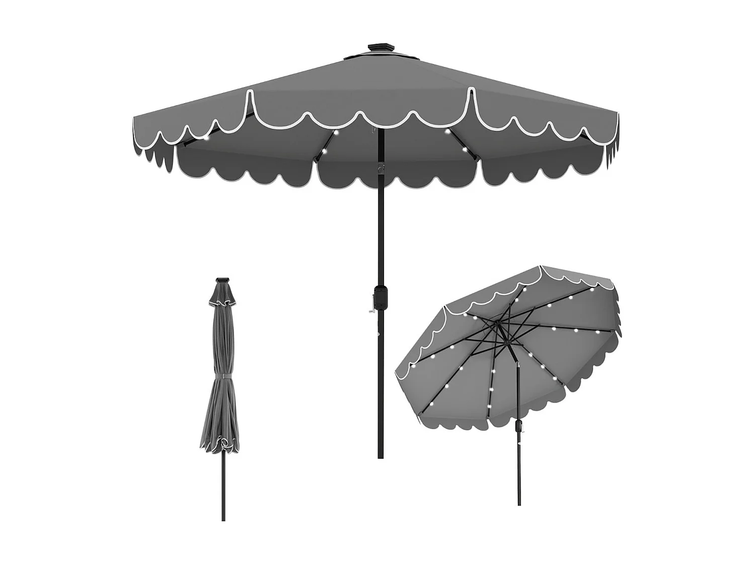 300 cm Parasol avec éclairage LED & manivelle & volant Parasol de jardin Parasol de marché Gris