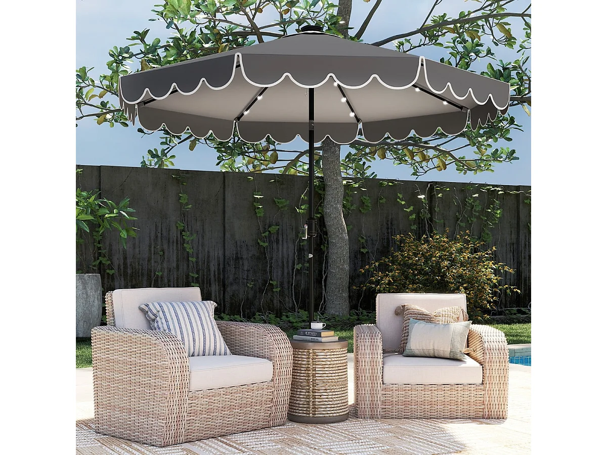 300 cm Parasol avec éclairage LED & manivelle & volant Parasol de jardin Parasol de marché Gris