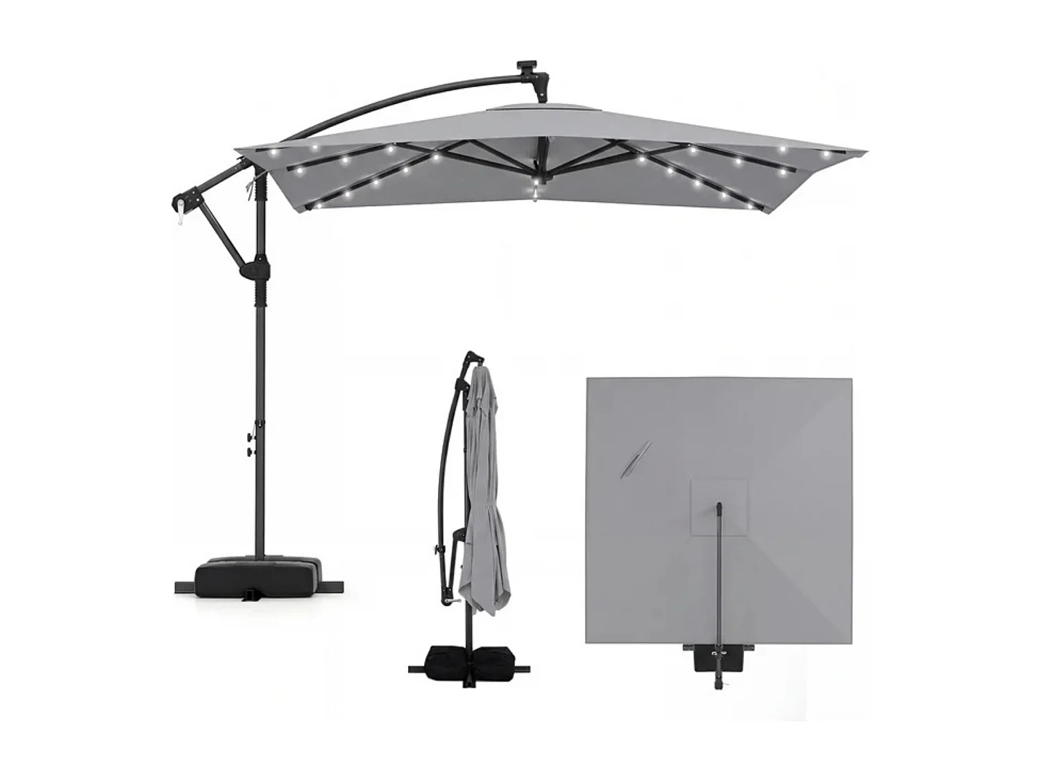Rechteckiger Sonnenschirm mit Ständer & LED-Leuchten & Kurbel 360° Drehbar Ampelschirm Grau
